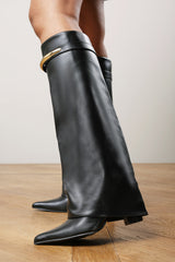 Irelis Black Fold-Over Knee High Heeled Boots with Gold Trim
