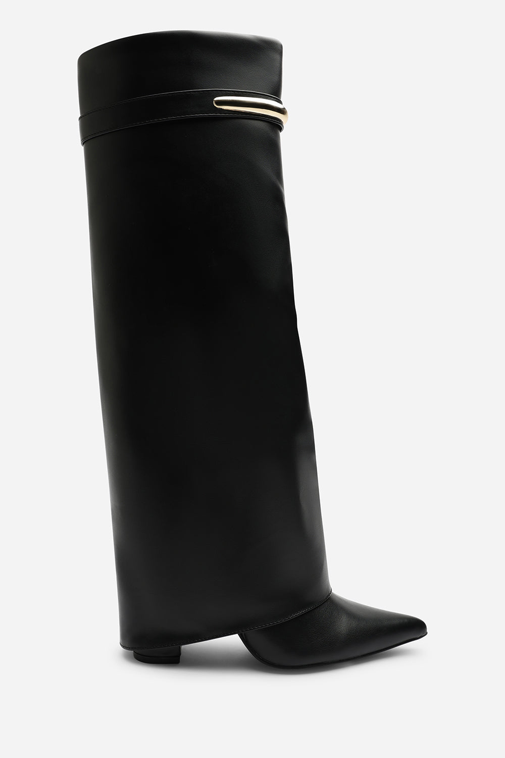 Irelis Black Fold-Over Knee High Heeled Boots with Gold Trim