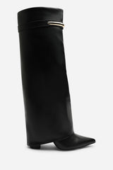 Irelis Black Fold-Over Knee High Heeled Boots with Gold Trim