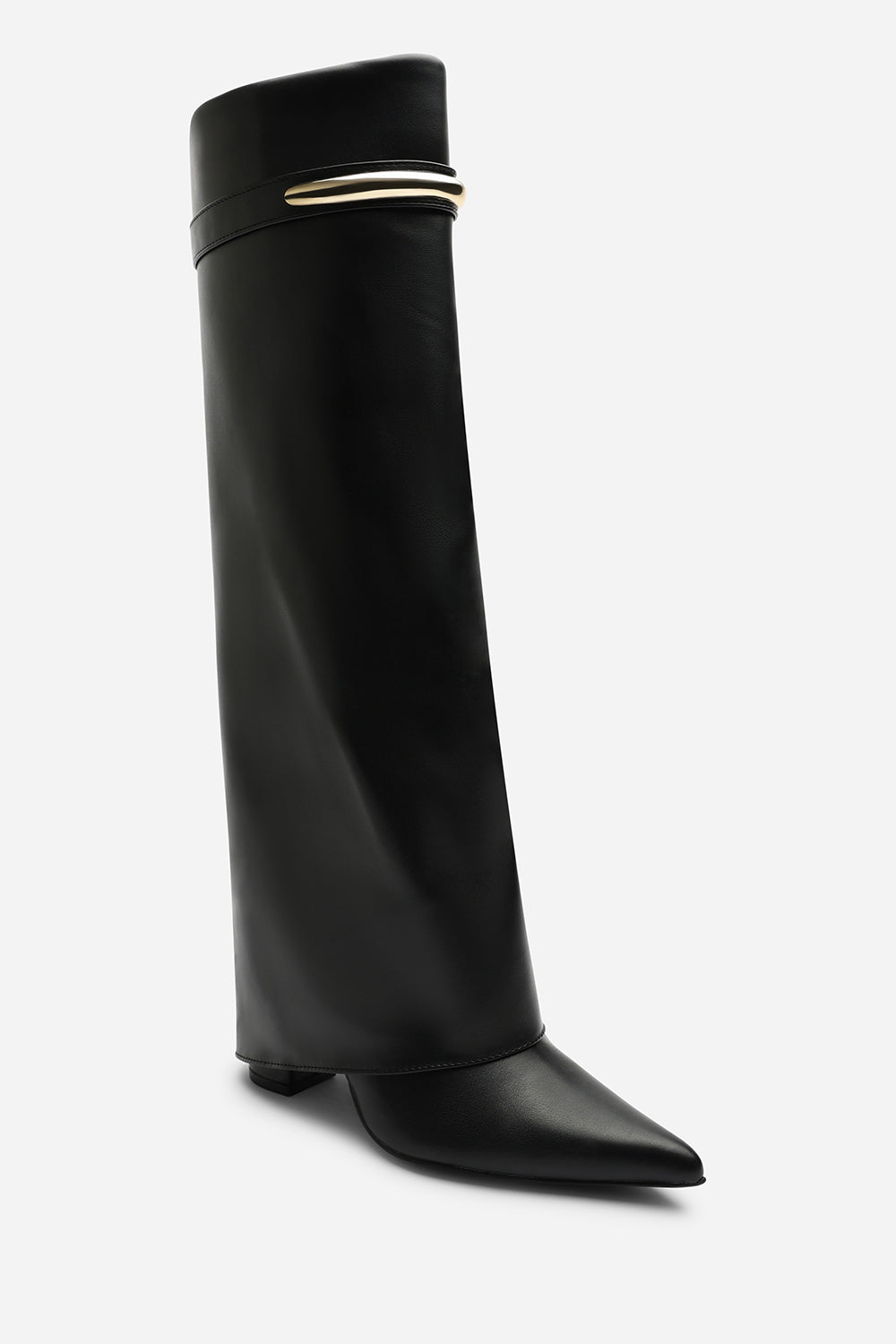 Irelis Black Fold-Over Knee High Heeled Boots with Gold Trim