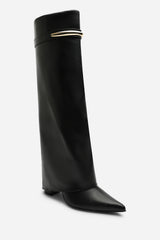 Irelis Black Fold-Over Knee High Heeled Boots with Gold Trim