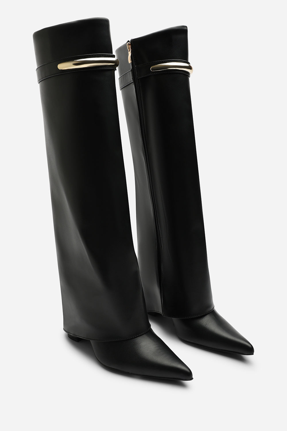 Irelis Black Fold-Over Knee High Heeled Boots with Gold Trim