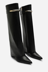 Irelis Black Fold-Over Knee High Heeled Boots with Gold Trim