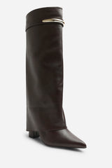 Irelis Brown Fold-Over Knee High Heeled Boots with Gold Trim