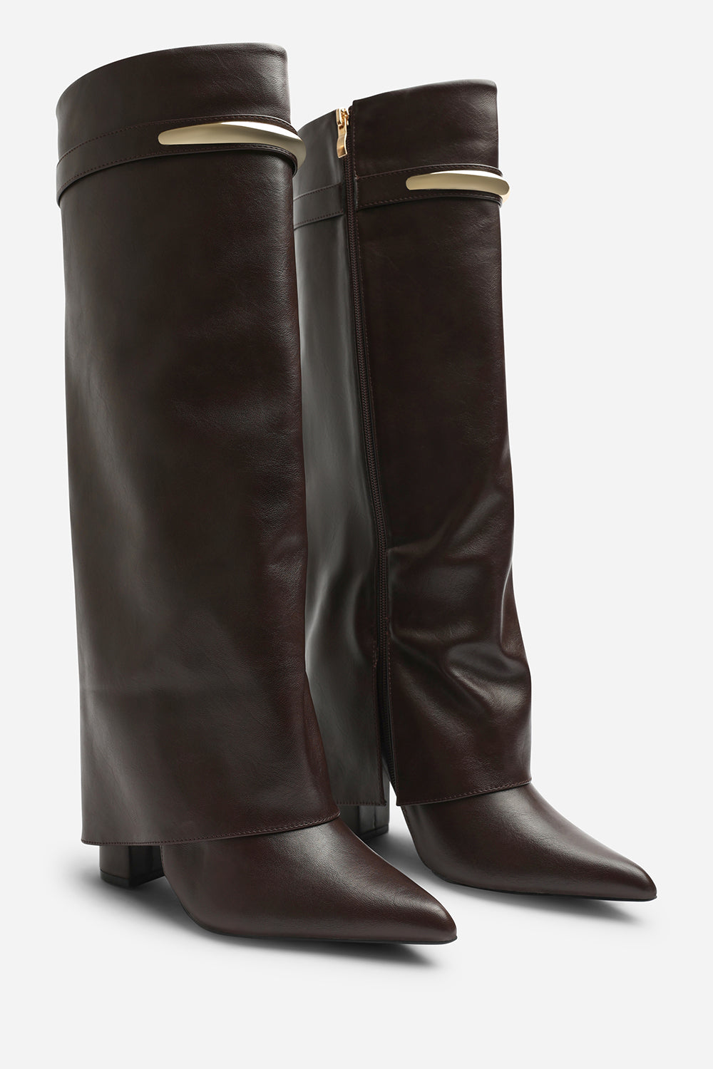 Irelis Brown Fold-Over Knee High Heeled Boots with Gold Trim
