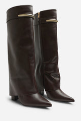 Irelis Brown Fold-Over Knee High Heeled Boots with Gold Trim