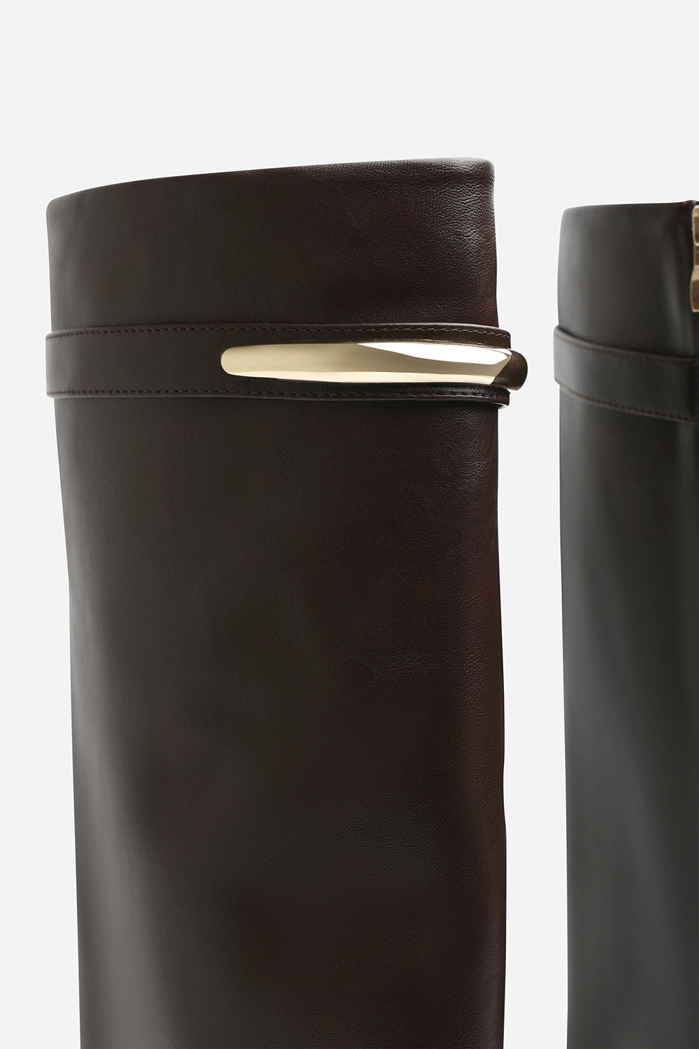 Irelis Brown Fold-Over Knee High Heeled Boots with Gold Trim