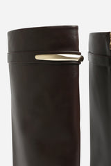 Irelis Brown Fold-Over Knee High Heeled Boots with Gold Trim