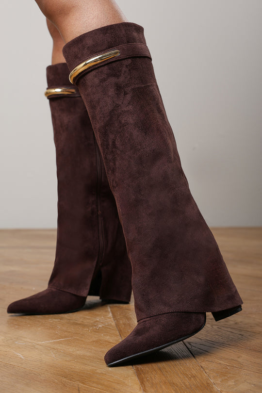 Irelis Dark Brown Fold-Over Knee High Heeled Boots with Gold Trim