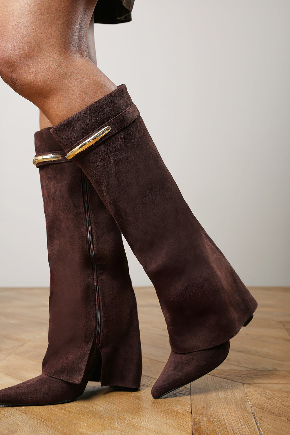 Irelis Dark Brown Fold-Over Knee High Heeled Boots with Gold Trim