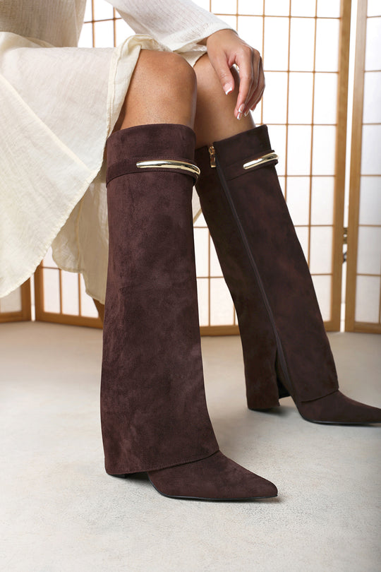 Nareva Fold Over Shark Block Heel Point Toe Boots With Trim Detail