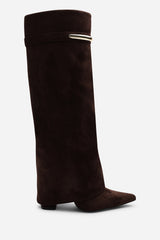 Irelis Dark Brown Fold-Over Knee High Heeled Boots with Gold Trim