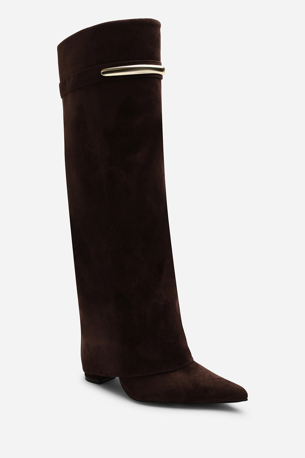 Irelis Dark Brown Fold-Over Knee High Heeled Boots with Gold Trim