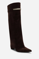 Irelis Dark Brown Fold-Over Knee High Heeled Boots with Gold Trim
