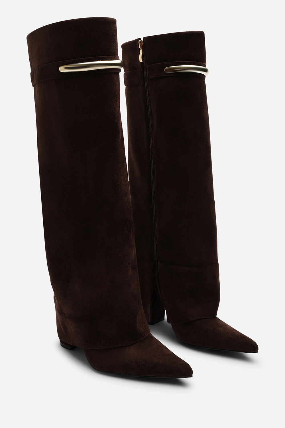 Irelis Dark Brown Fold-Over Knee High Heeled Boots with Gold Trim