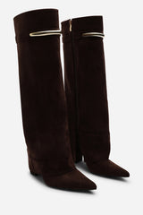 Irelis Dark Brown Fold-Over Knee High Heeled Boots with Gold Trim