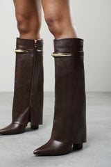 Irelis Brown Fold-Over Knee High Heeled Boots with Gold Trim
