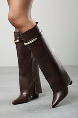 Irelis Brown Fold-Over Knee High Heeled Boots with Gold Trim