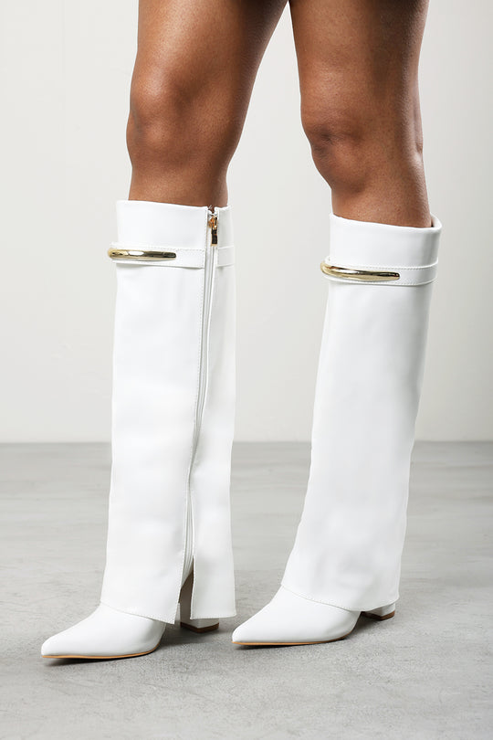 Irelis White Fold-Over Knee High Heeled Boots with Gold Trim