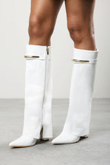 Irelis White Fold-Over Knee High Heeled Boots with Gold Trim