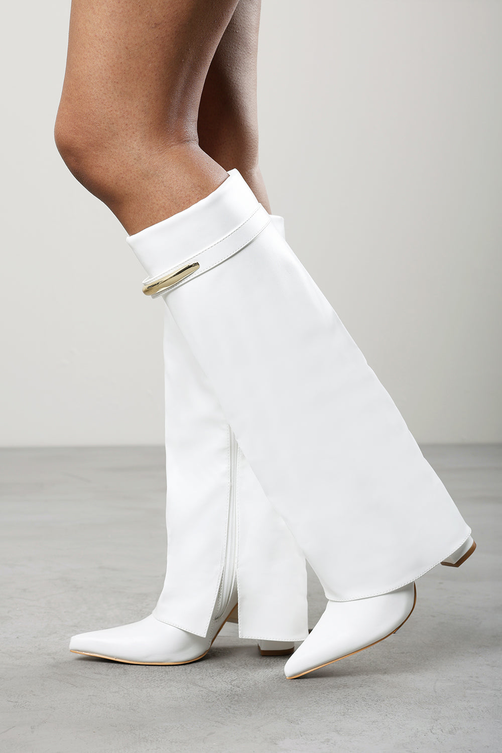Irelis White Fold-Over Knee High Heeled Boots with Gold Trim