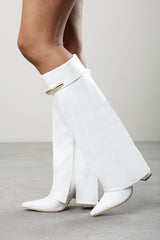Irelis White Fold-Over Knee High Heeled Boots with Gold Trim