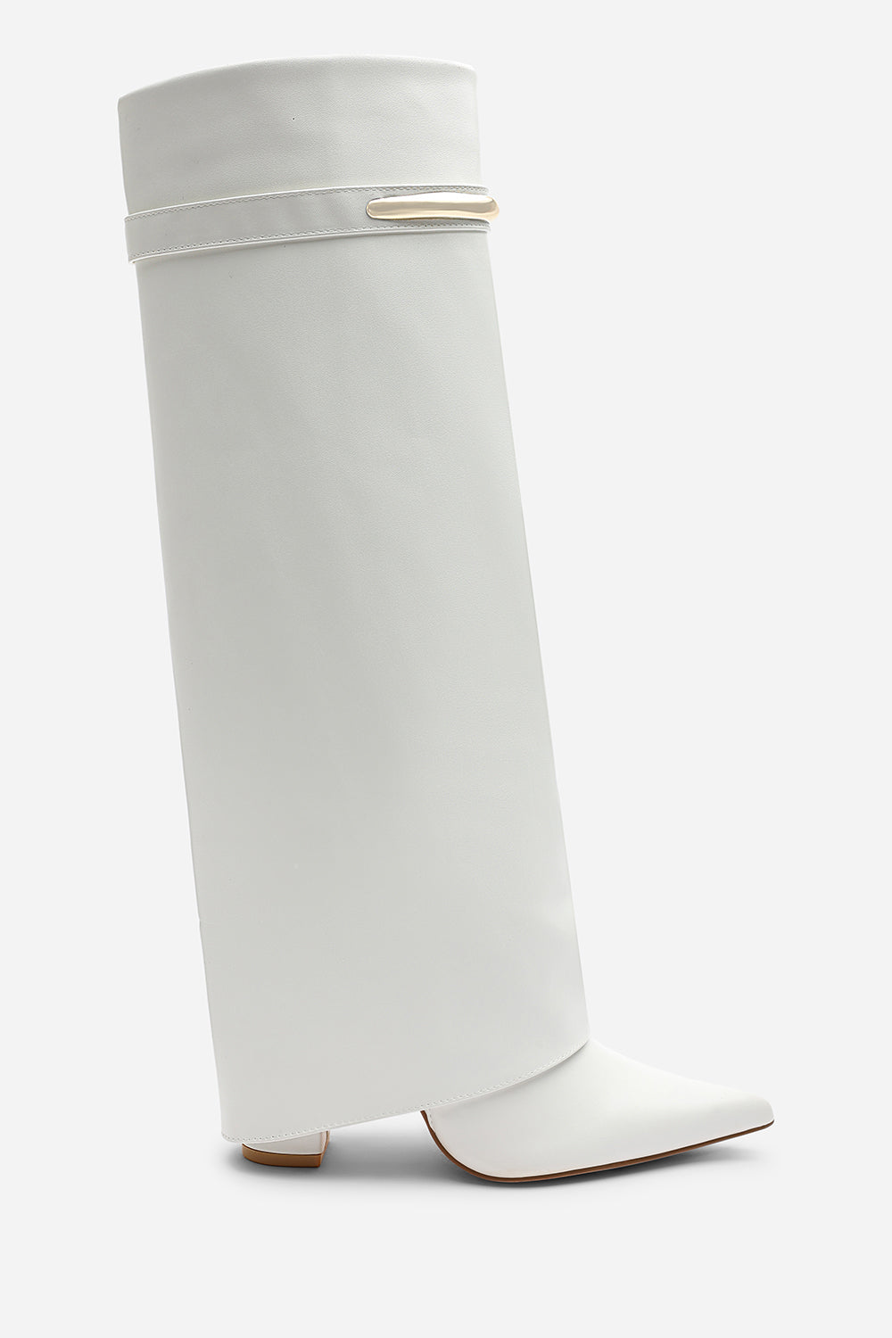 Irelis White Fold-Over Knee High Heeled Boots with Gold Trim