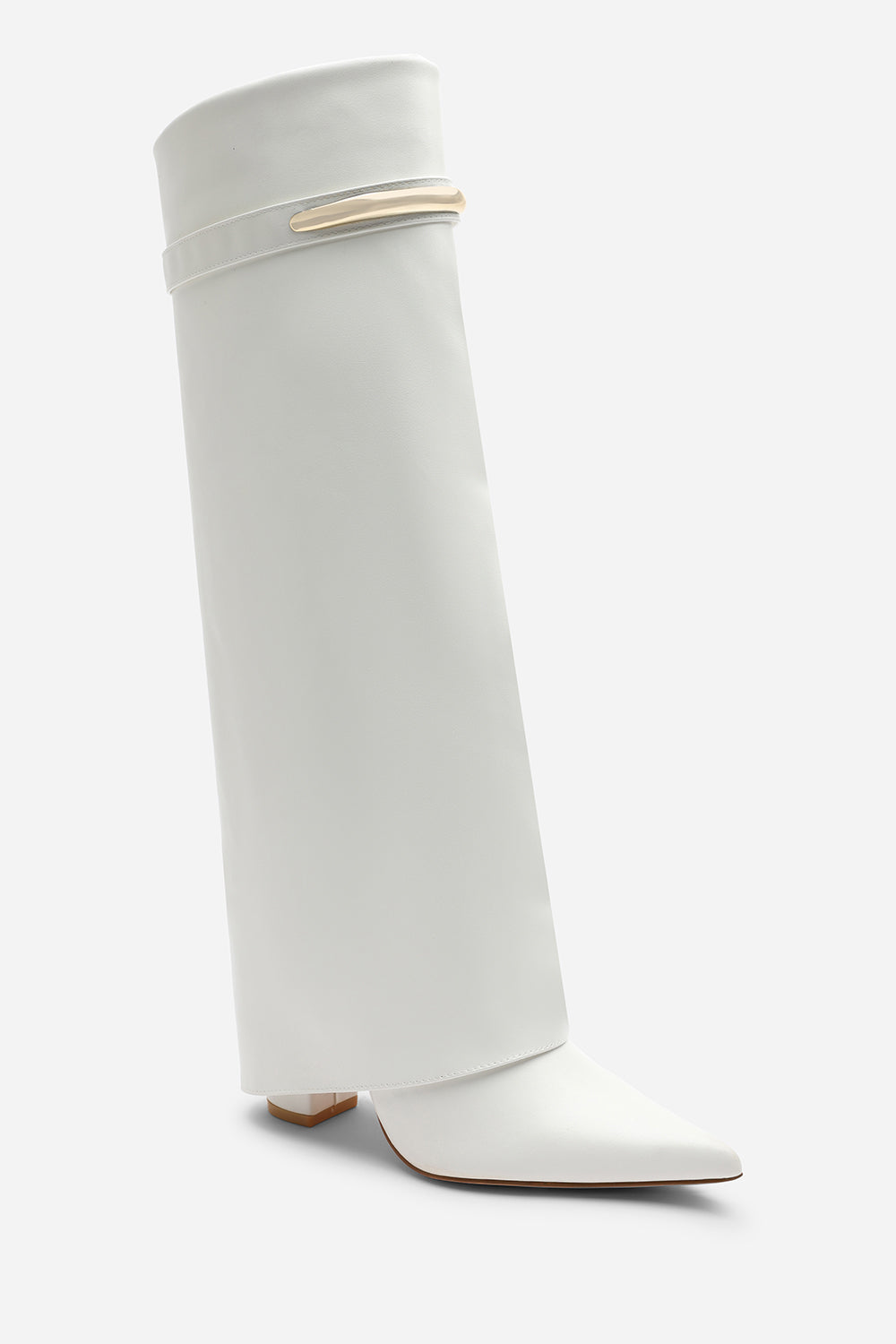 Irelis White Fold-Over Knee High Heeled Boots with Gold Trim