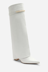 Irelis White Fold-Over Knee High Heeled Boots with Gold Trim