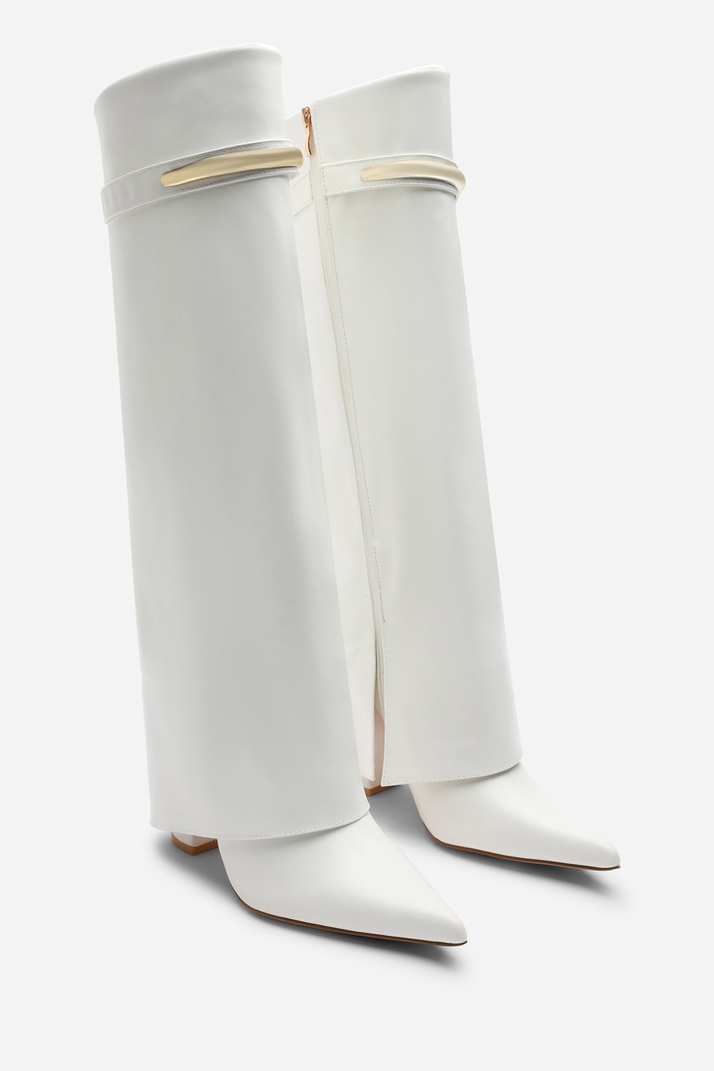 Irelis White Fold-Over Knee High Heeled Boots with Gold Trim