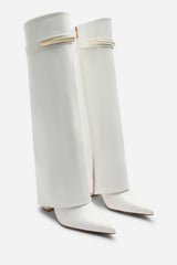 Irelis White Fold-Over Knee High Heeled Boots with Gold Trim