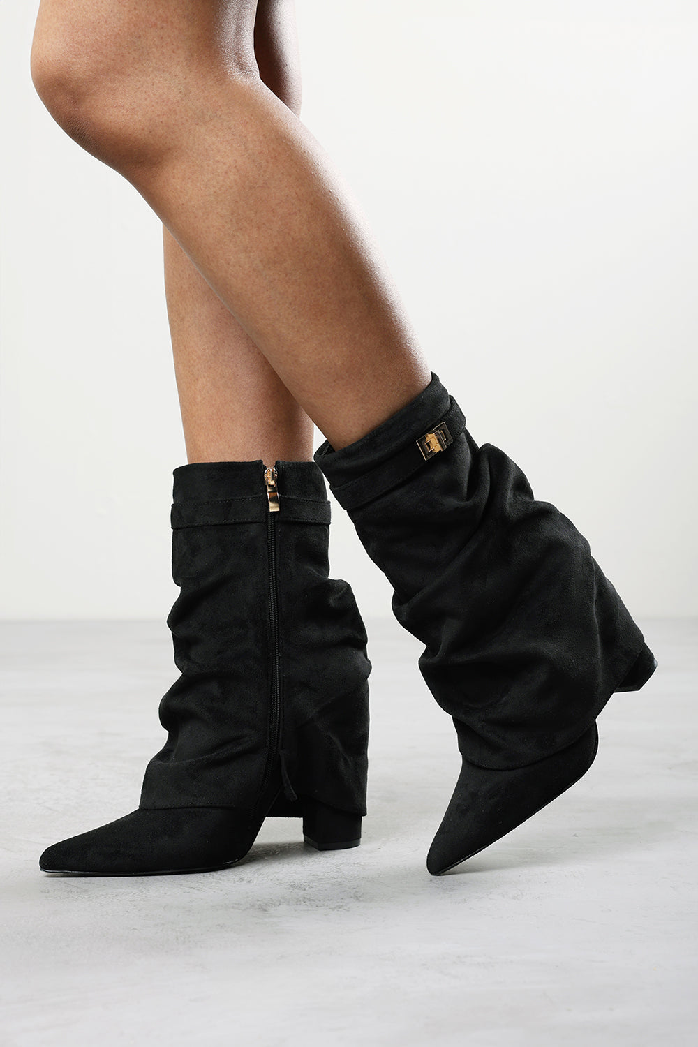 Kylis Ruched Shark Fold Down Calf Boot With Lock Detail