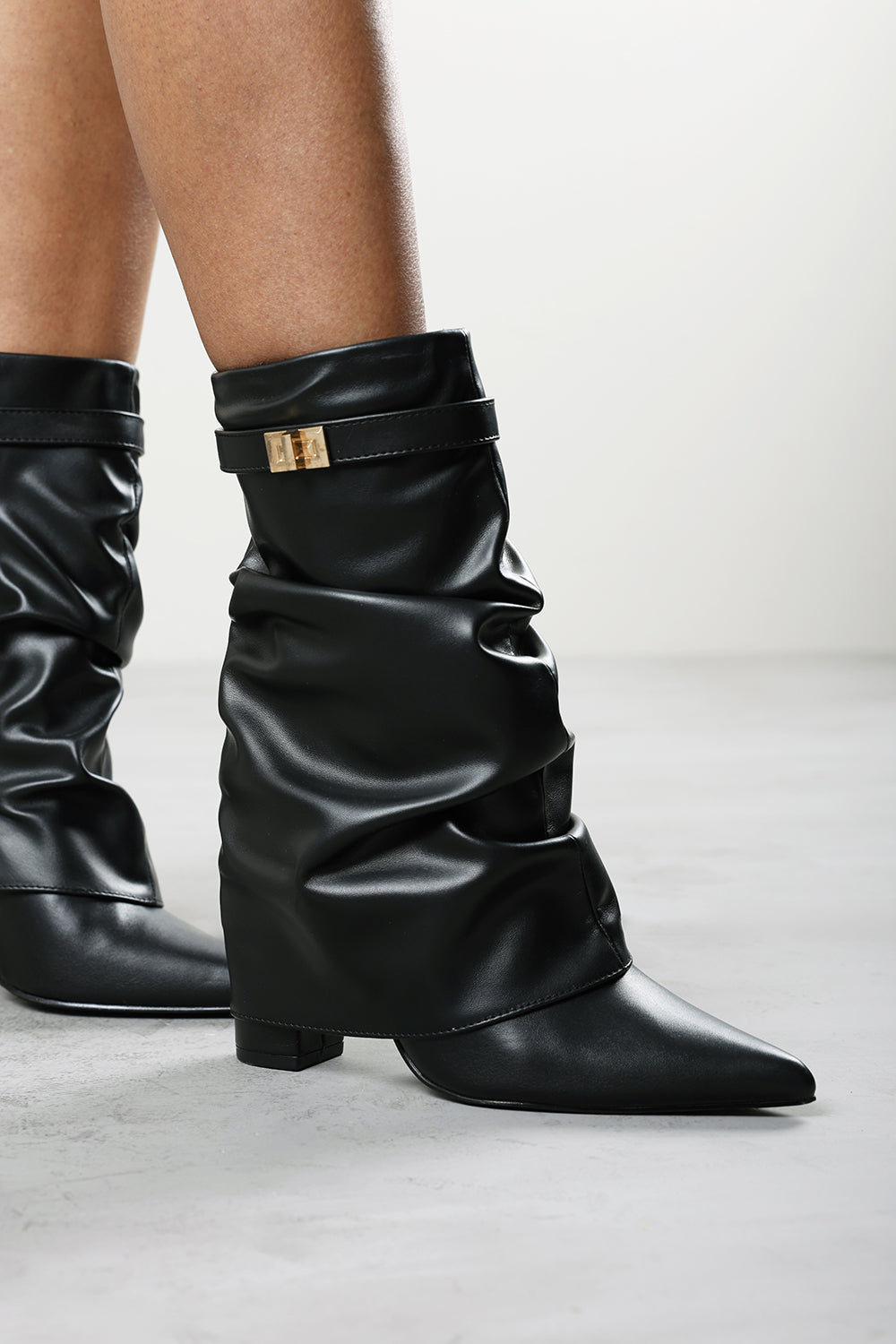 Kylis Ruched Shark Fold Down Calf Boot With Lock Detail