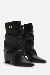 Kylis Ruched Shark Fold Down Calf Boot With Lock Detail