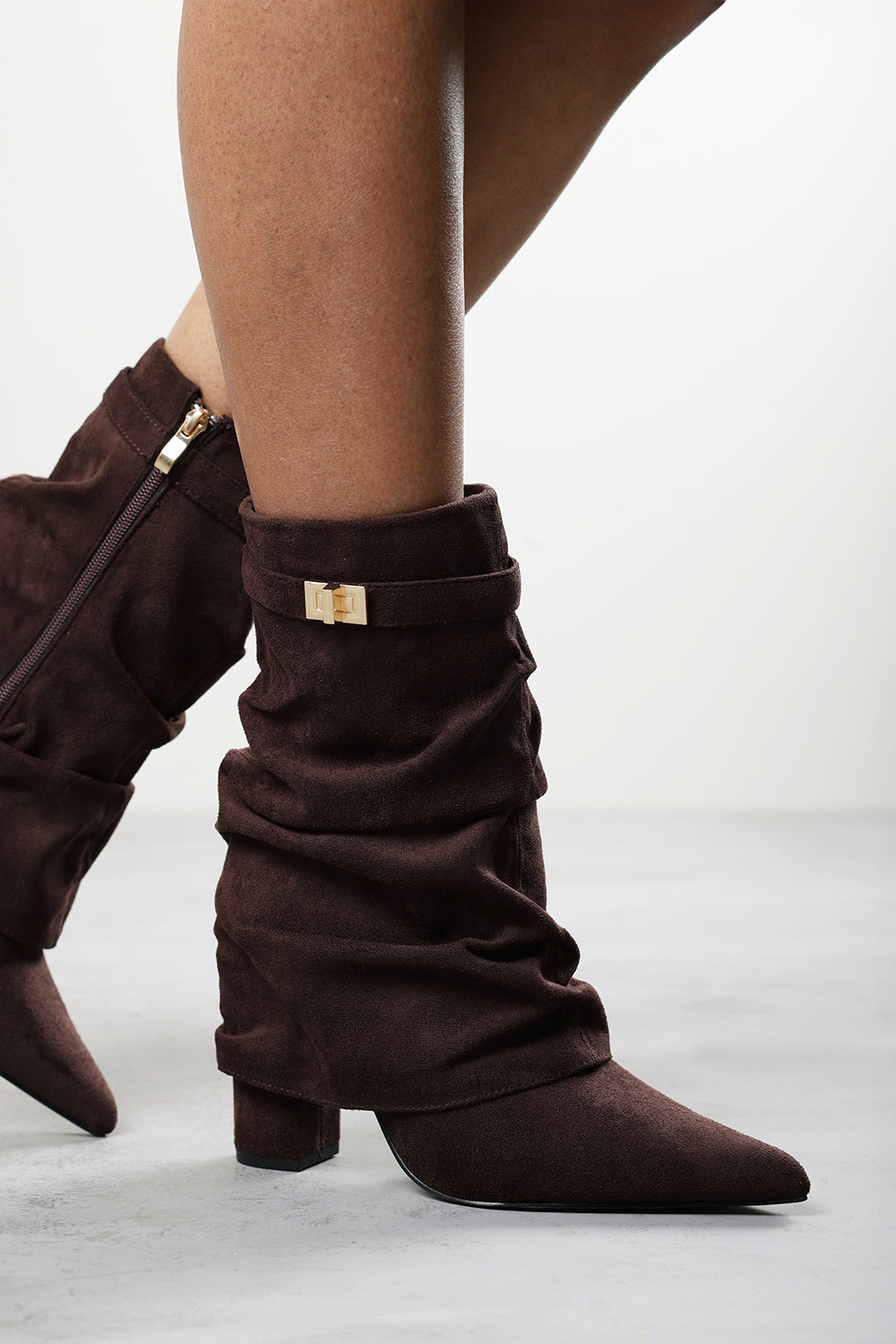 Kylis Ruched Shark Fold Down Calf Boot With Lock Detail
