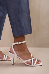 AUSTIN MULTI STRAP CROSS OVER MID HEELS IN WHITE