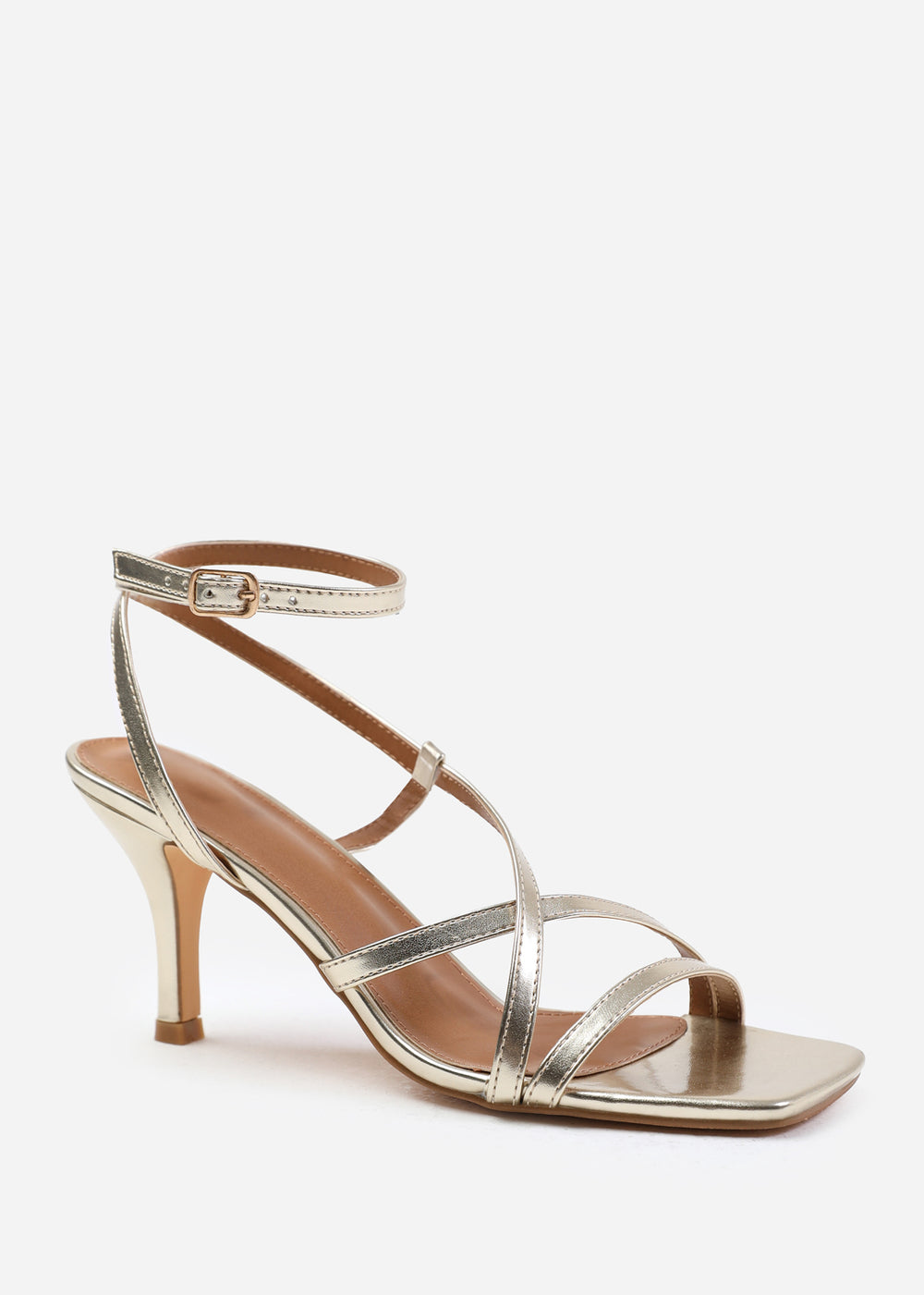 AUSTIN MULTI STRAP CROSS OVER MID HEELS IN GOLD METALLIC