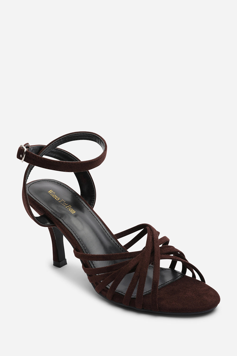 Cyprus Multi Cross Over Strap Mid Heels In Brown Suede