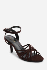 Cyprus Multi Cross Over Strap Mid Heels In Brown Suede