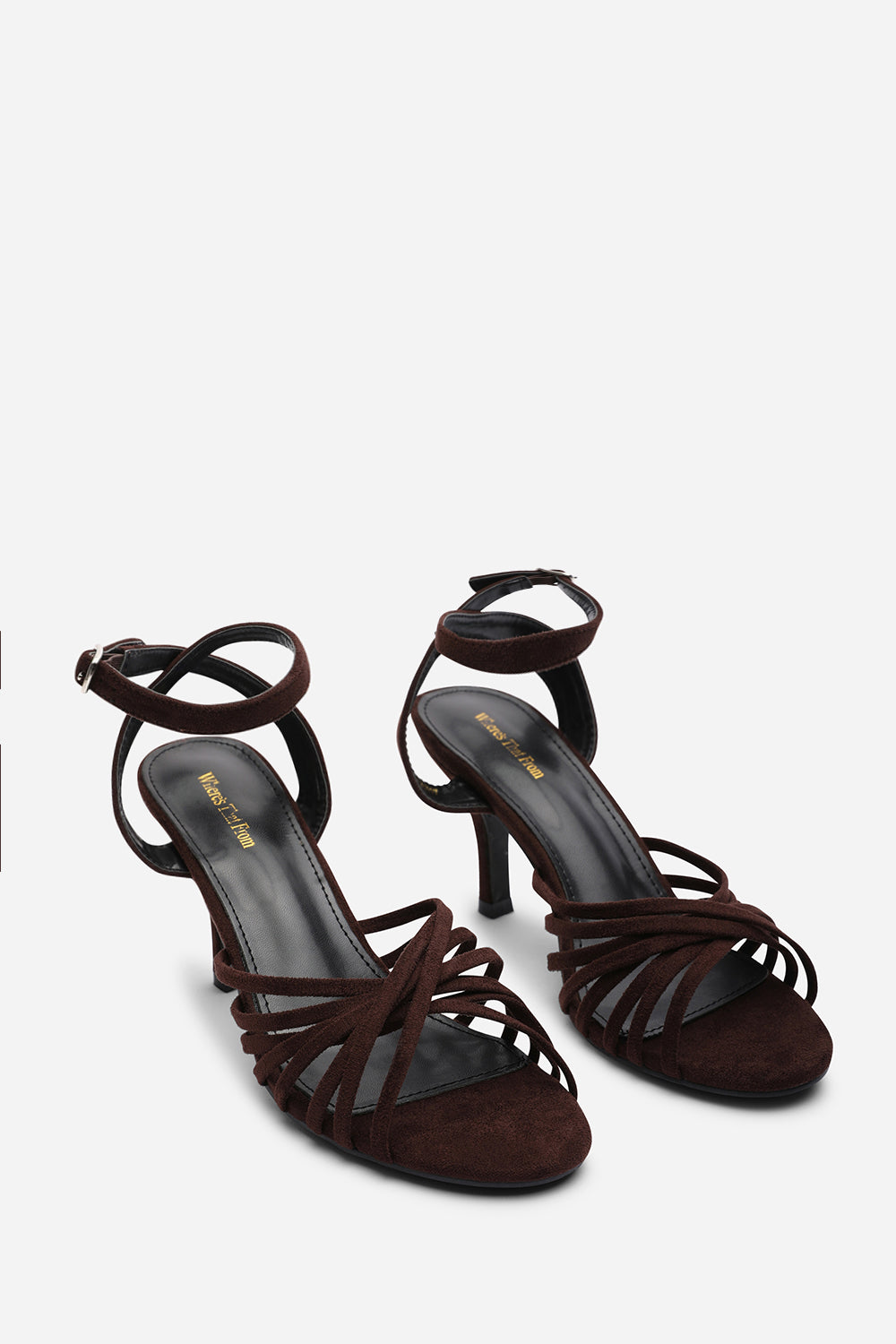 Cyprus Multi Cross Over Strap Mid Heels In Brown Suede