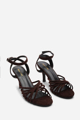 Cyprus Multi Cross Over Strap Mid Heels In Brown Suede