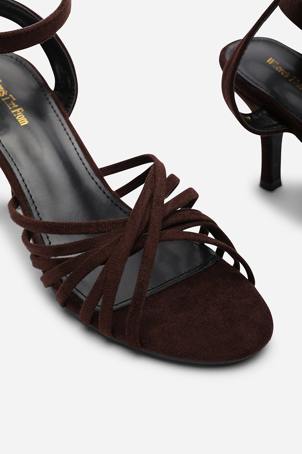 Cyprus Multi Cross Over Strap Mid Heels In Brown Suede
