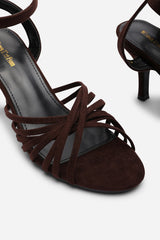 Cyprus Multi Cross Over Strap Mid Heels In Brown Suede
