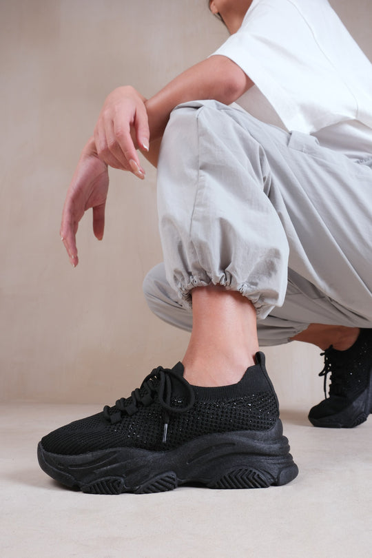 WHISPER CHUNKY SOLE KNIT TRAINERS WITH CRYSTAL EMBELLISHMENT IN BLACK