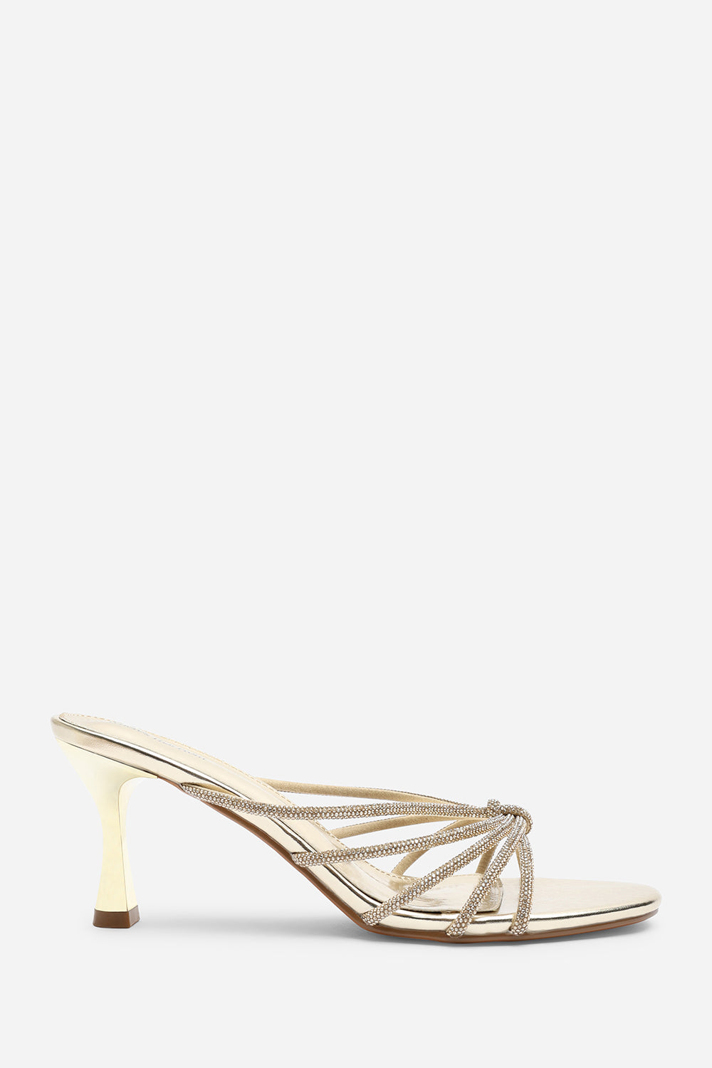 Pyris Wide Fit Diamante Multi Strap Knot Mules In Gold Metallic