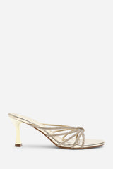 Pyris Diamante Multi Strap Knot Mules In Gold Metallic