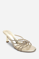 Pyris Diamante Multi Strap Knot Mules In Gold Metallic
