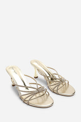 Pyris Wide Fit Diamante Multi Strap Knot Mules In Gold Metallic