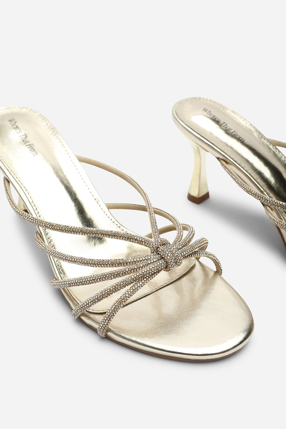 Pyris Wide Fit Diamante Multi Strap Knot Mules In Gold Metallic