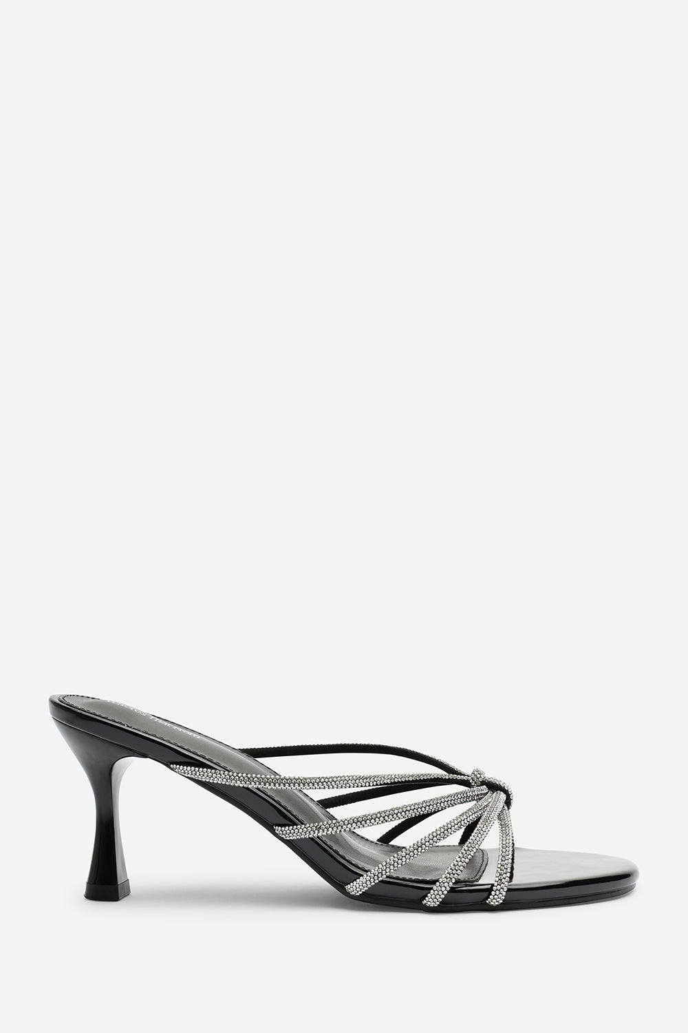 Pyris Wide Fit Silver Diamante Multi Strap Knot Mules In Black Patent